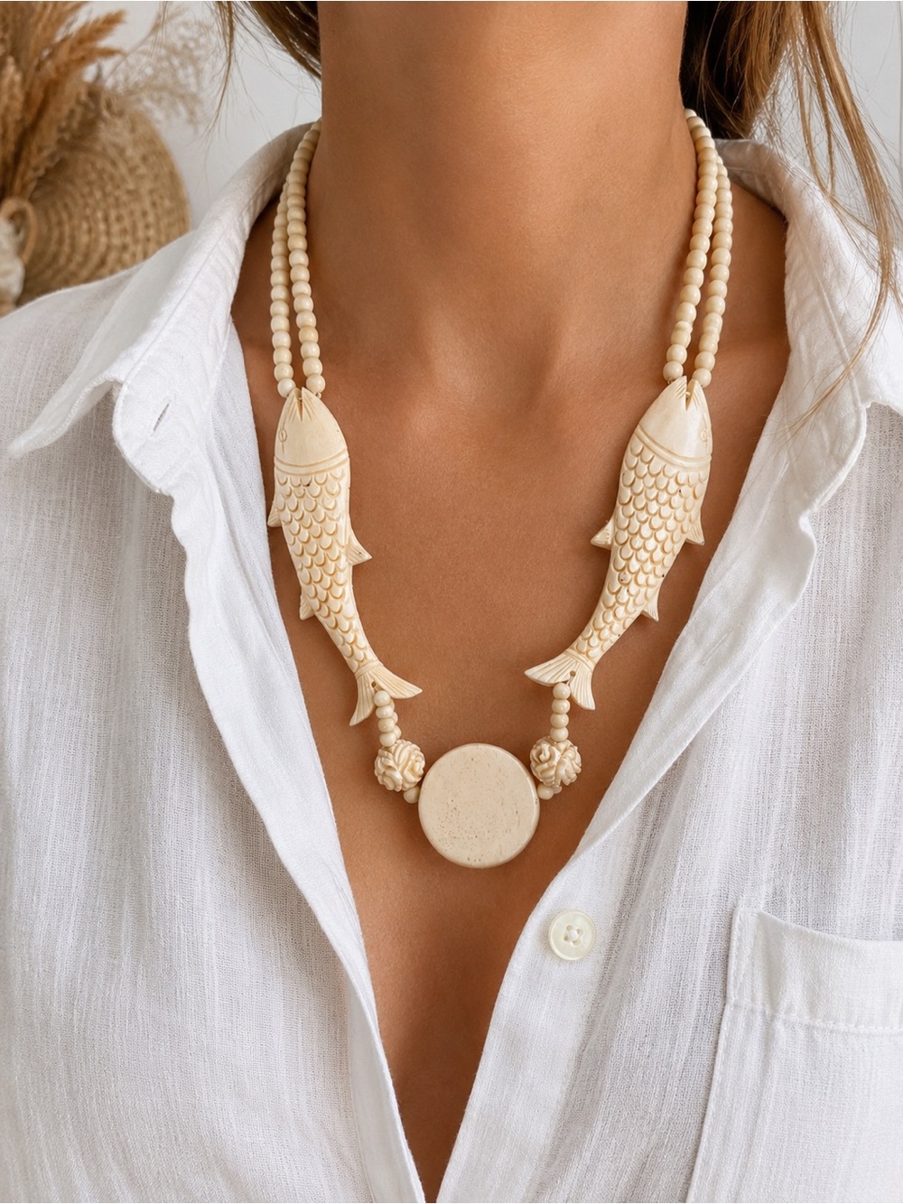 Vintage Carved Fish Cream Bone Tone Beaded Coastal Boho Tribal Necklace
